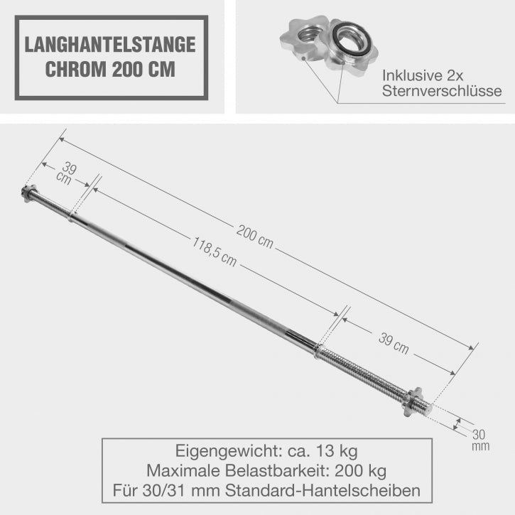 Gorilla Sports | Langhantelstange Chrom 200 cm mit Sternverschluss