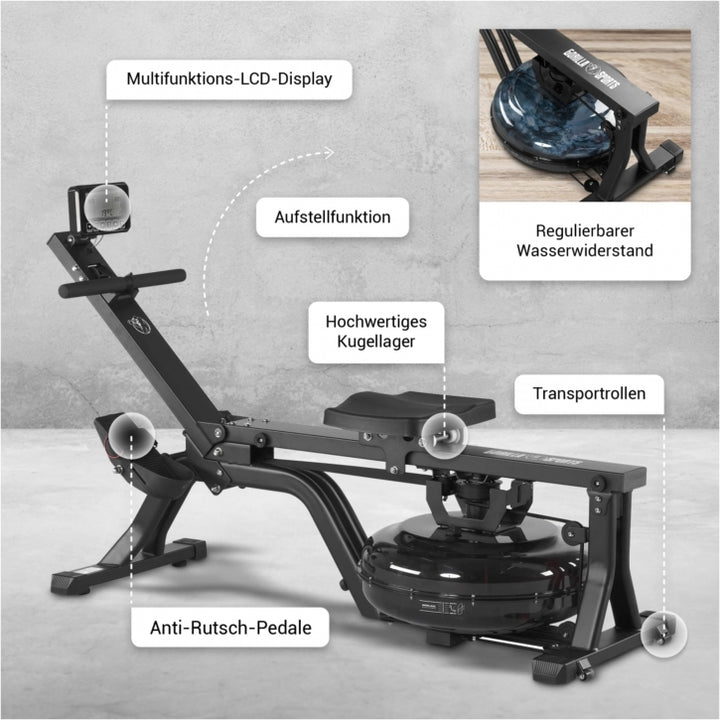 Gorilla Sports | Wasserrudergerät mit Trainingscomputer in Schwarz/Rot