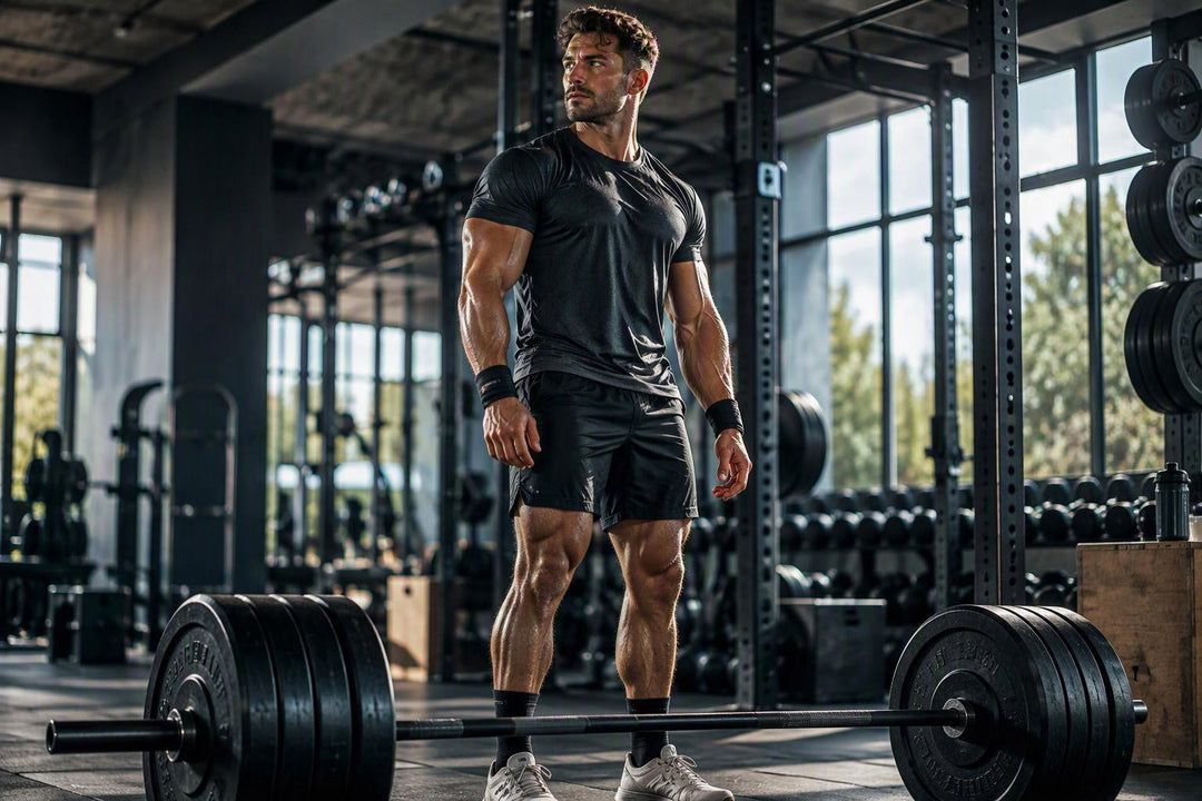 Athlet im modernen Fitnessstudio neben einer beladenen Langhantel als Symbol für Krafttraining, Leistung und Kreatin-Supplementierung Weitere Zeilen anzeigen