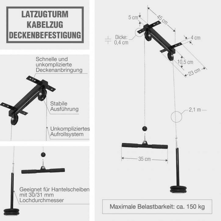 Gorilla Sports | Latzugturm Kabelzug Deckenbefestigung in Schwarz