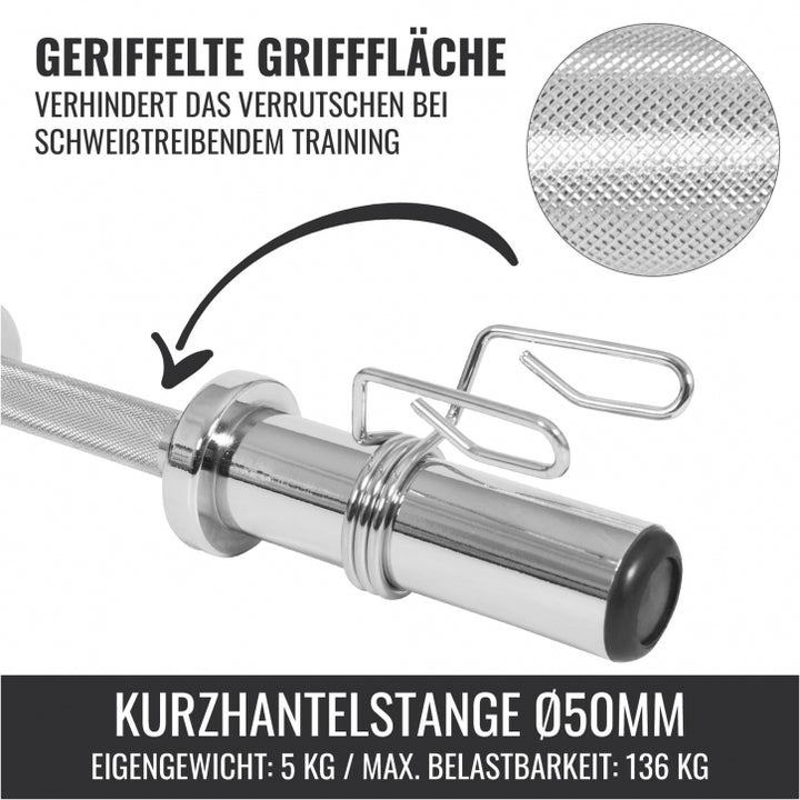 Gorilla Sports | Kurzhantelstange 50 mm Chrom 50 cm Federverschluss