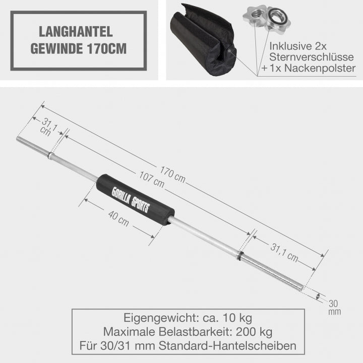 Gorilla Sports | 170cm Langhantel Gewinde inkl. Nackenpolster