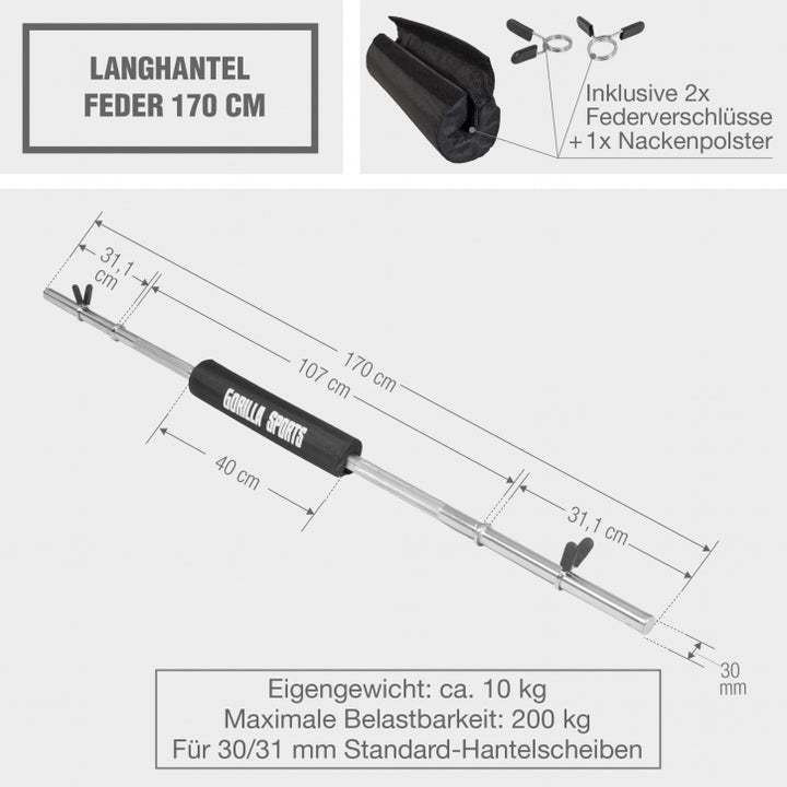 Gorilla Sports | 170cm Langhantel Feder inkl. Nackenpolster