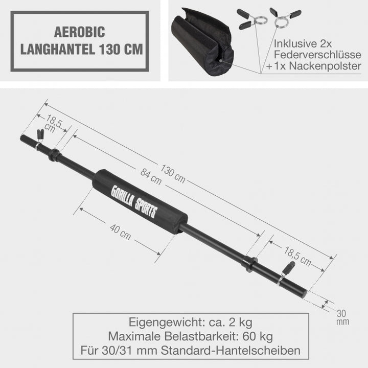 Gorilla Sports | 130cm Aerobic Langhantel inkl. Nackenpolster