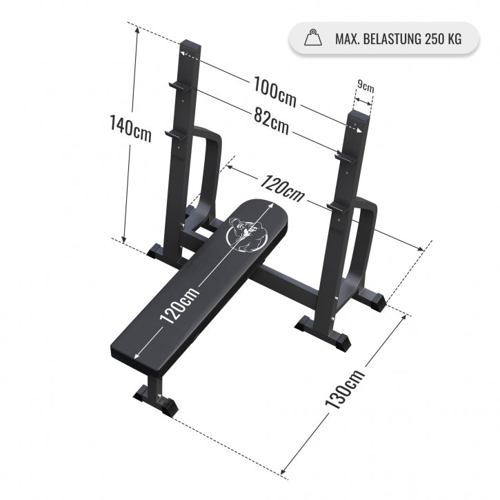 Gorilla Sports | Drückerbank massiv inkl. Olympia Langhantelset Gusseisen Gripper 130 kg