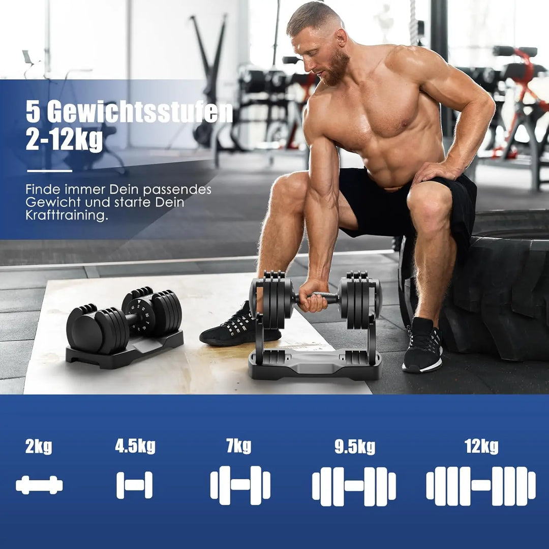 Verstellbare Kurzhanteln (2–12 kg) – Hantelset (2 Hanteln) für dein Heimtraining