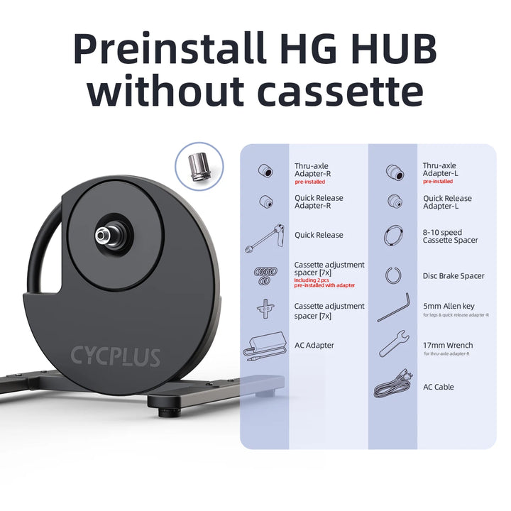 Detaillierte Übersicht des CYCPLUS R200 Smart Trainer Lieferumfangs – inklusive Thru-Axle Adapter, Quick Release, Kassetten-Spacer und AC-Adapter. Vorinstallierter HG Hub ohne Kassette für einfache Montage.